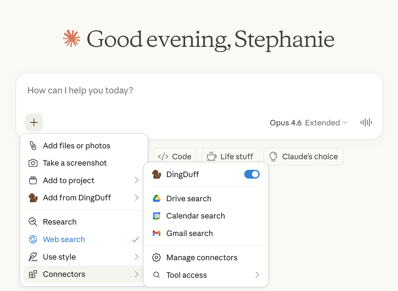 DingDuff connector toggled on in Claude