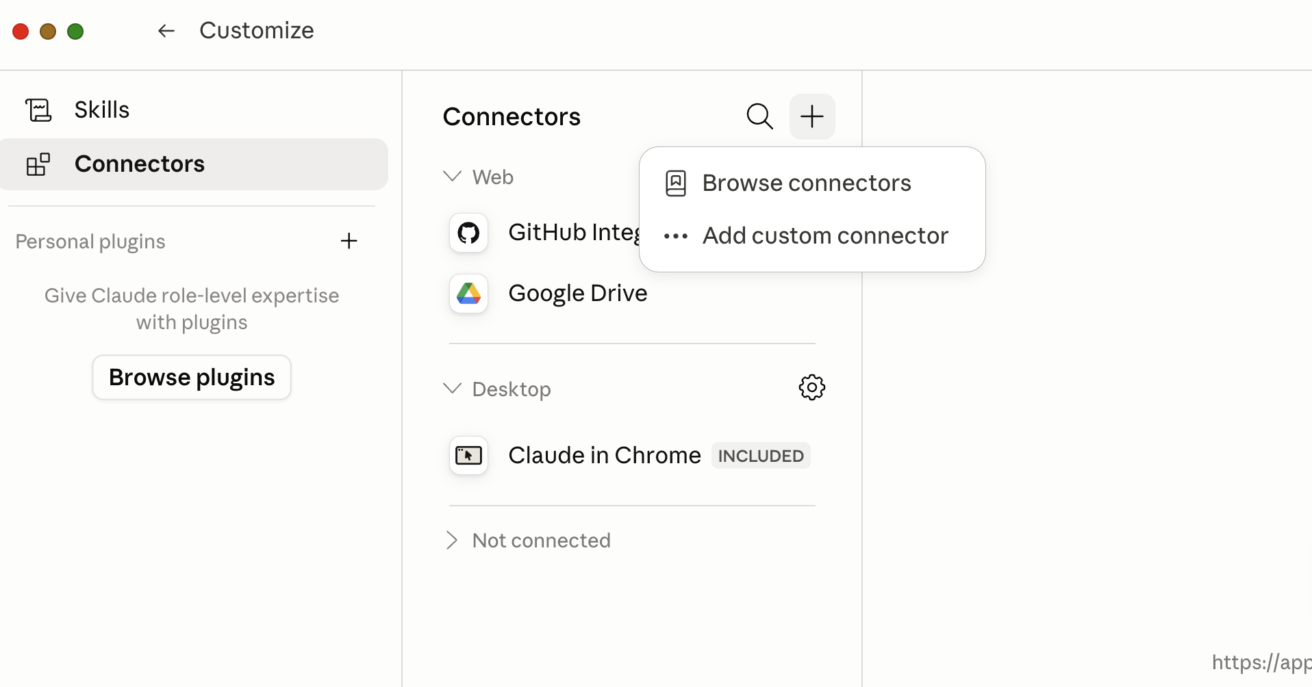 Connectors panel — open the + menu and choose Add custom connector