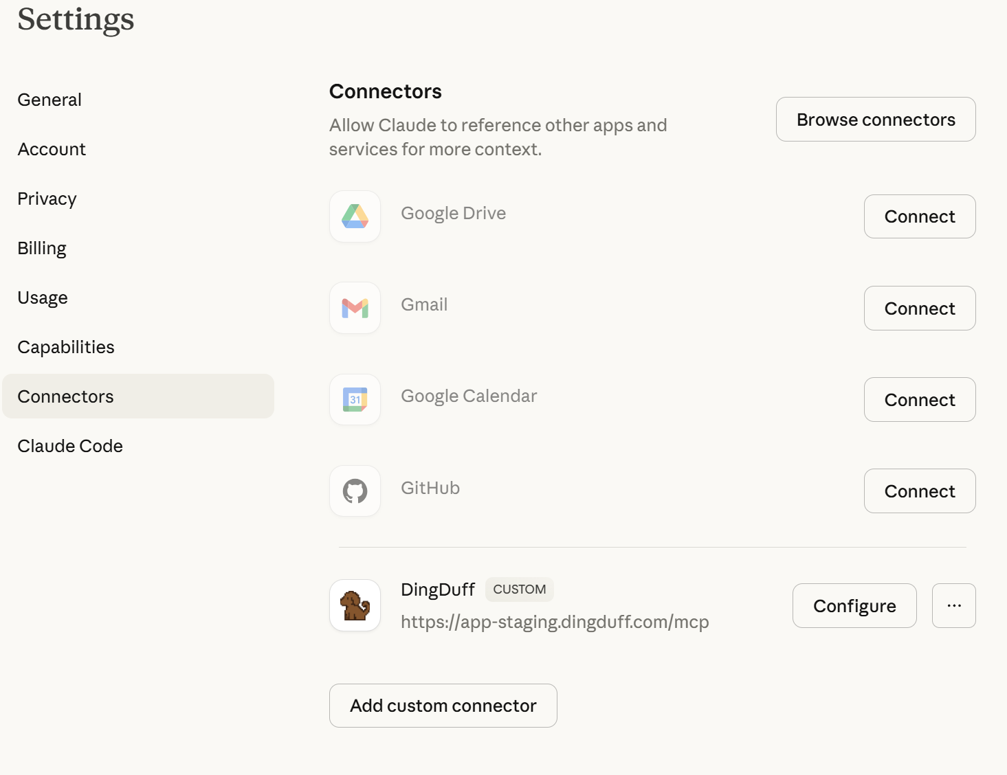 DingDuff connector active in Claude Settings